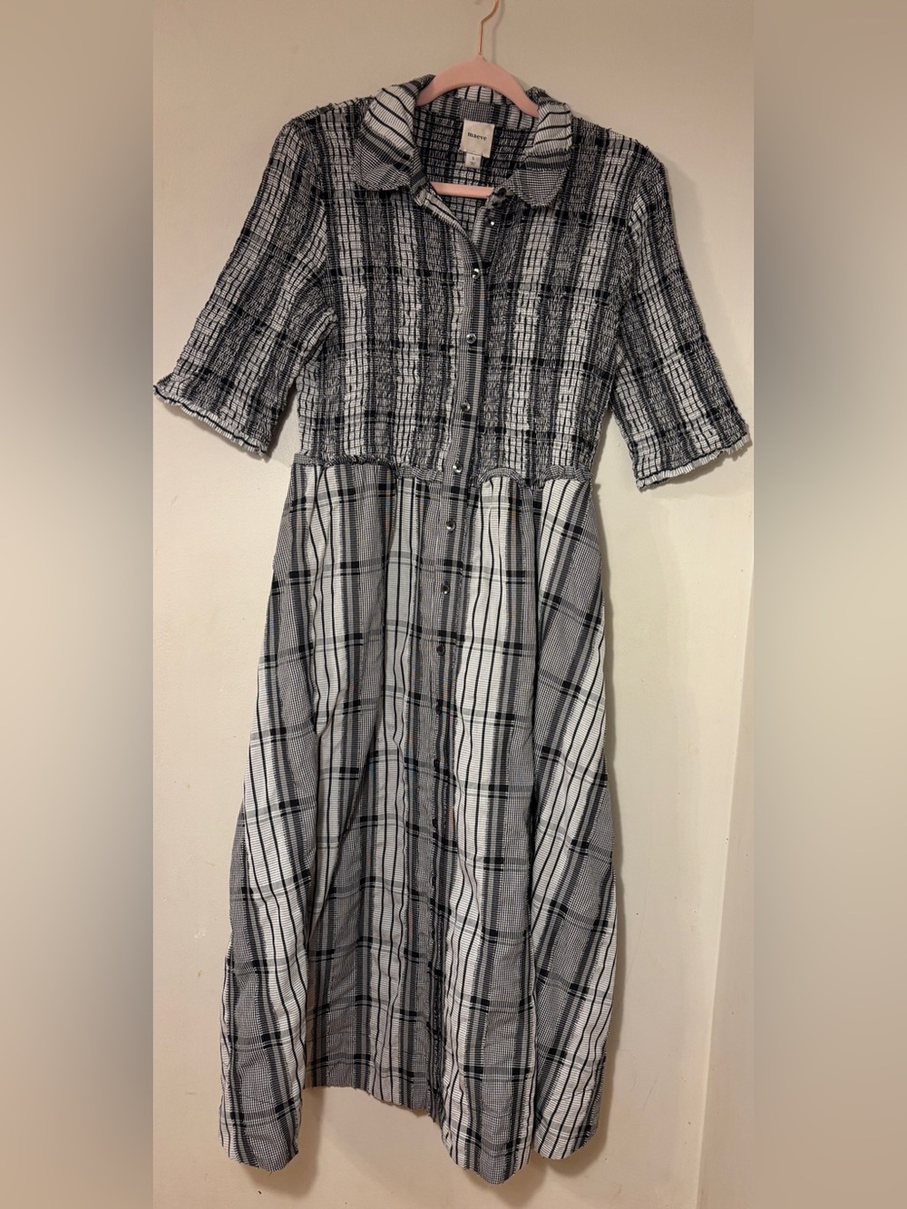 Maeve Black & White Plaid Patchwork Midi Smocked Shirt Dress S Anthropologie